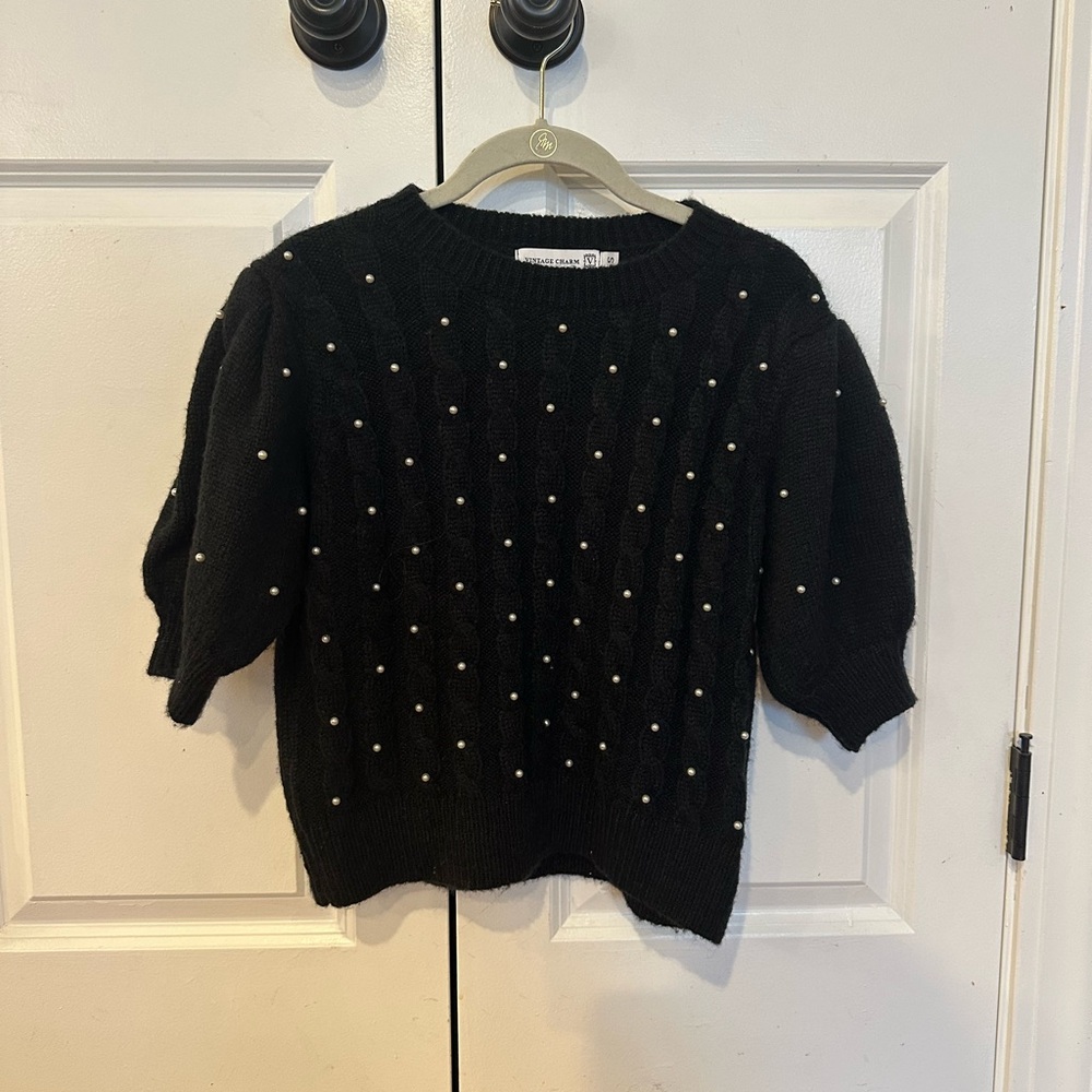 Vintage Black Sweater with Pearl Details